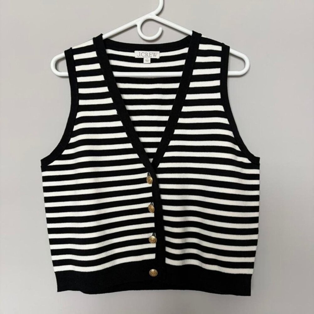 J Crew black and white striped sweater vest top with gold buttons